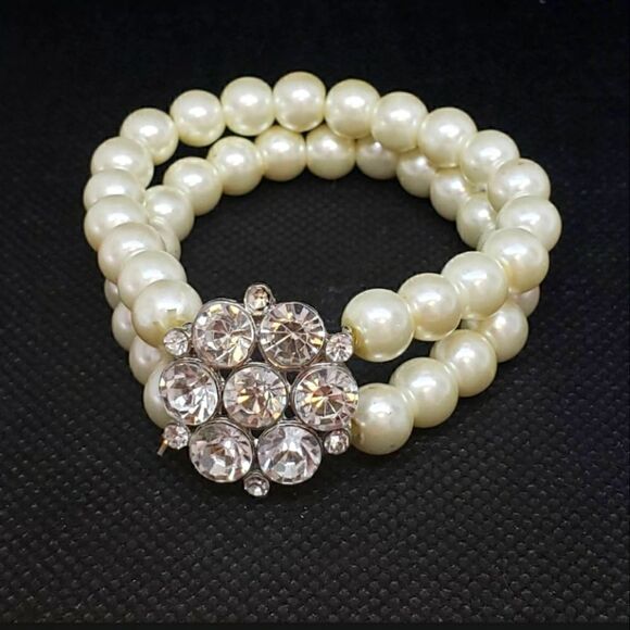 ROMAN RMN Double Strand Faux Pearls Crystal Formal Bridal Stretch Bracelet - Picture 1 of 7